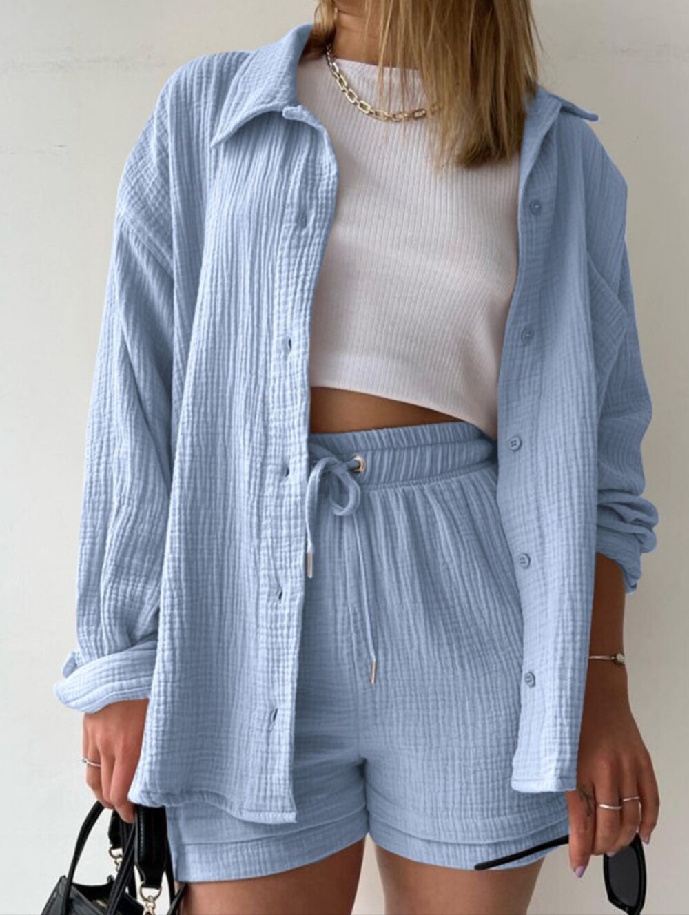 Joanna Button Up Shirt & Shorts Set - Cloud Blue